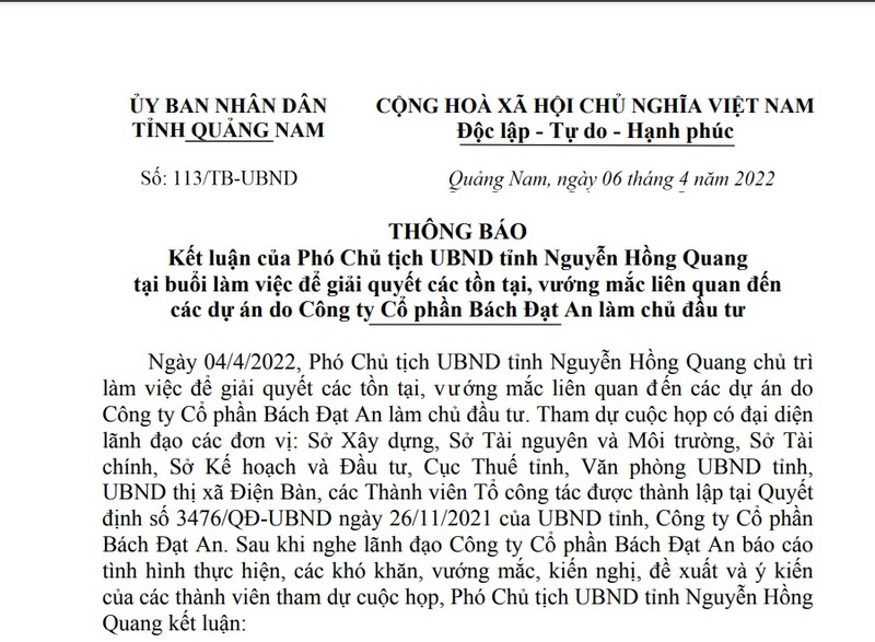 Quang Nam chi dao giai quyet vuong mac lien quan den cac du an cua Bach Dat An