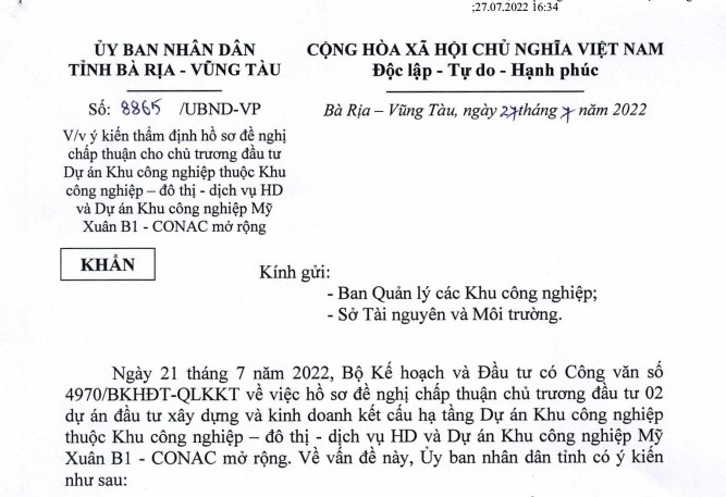 Ba Ria - Vung Tau tham dinh ho so 2 khu cong nghiep 'khung'
